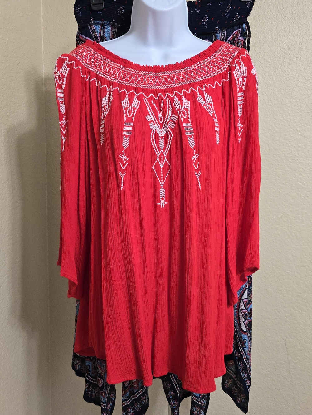 Women's Red Embroidered Off-Shoulder Tunic Top